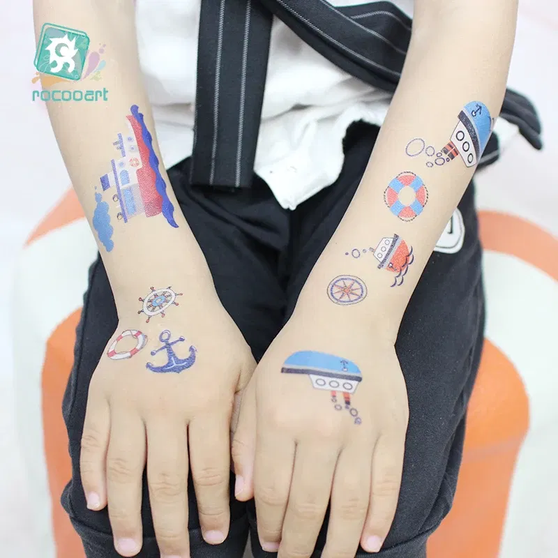 Color: SKY BLUE - 1Sheets Vehicle Temporary Tattoo Small Cars Helicopter Train Steamship Hot Air Balloon Kid Waterproof Fake Tattoo Sticker