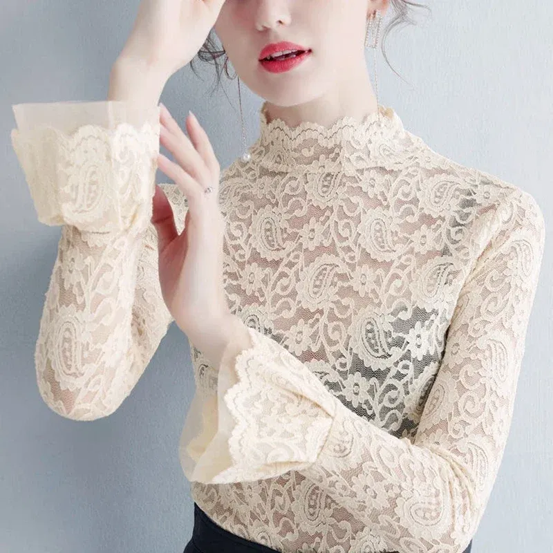 Color: Beige, Size: XXL - Sexy Transparent Long Sleeve Top Women 2025 Fashion Autumn Winter Basic Lace Blouses White Black Hollow Blusas Mujer Oversized