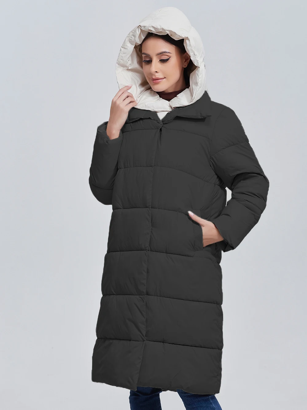 Color: black, Size: XL - Marwin 2023 Winter Elegant Women's Cotton Coat Stylish Collar Long Warm Hooded Jacket Female Windproof Parka