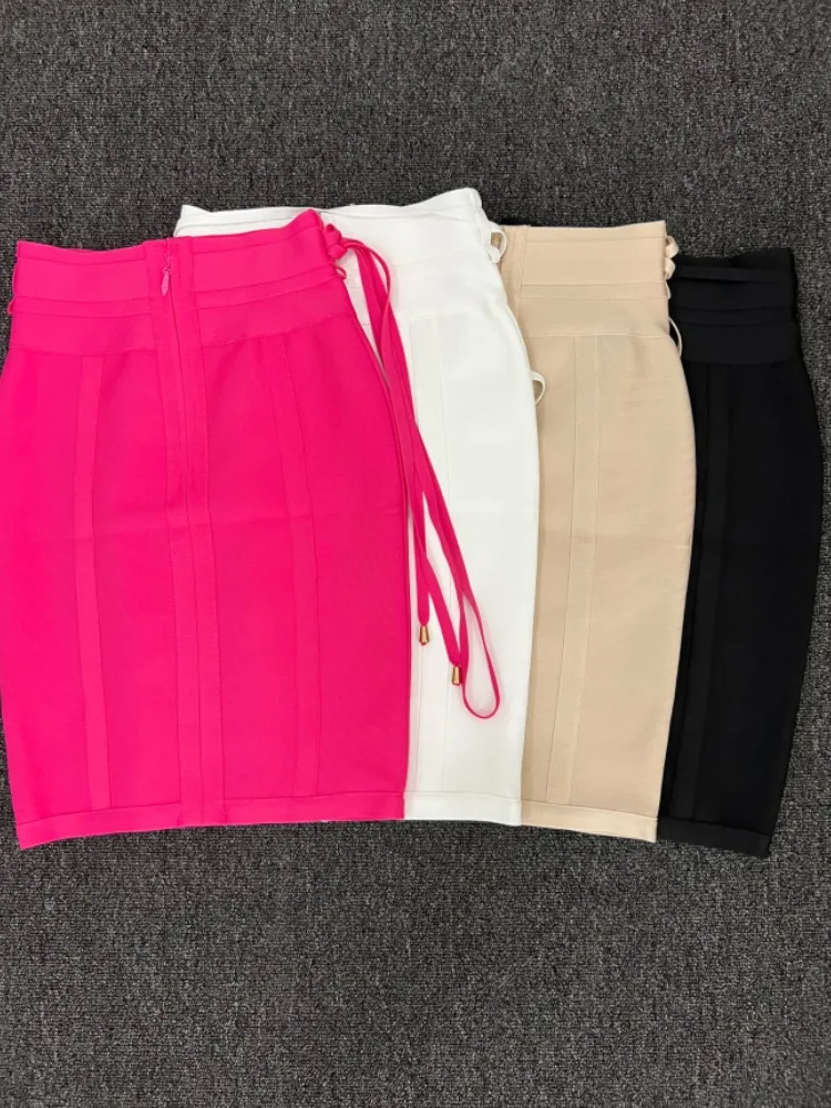 Color: Rose Red, Size: M - 4 Colors Women Hot Pink Black White Bodycon Bandage Skirt Designer High Street Party Club Pencil Skirt 55cm