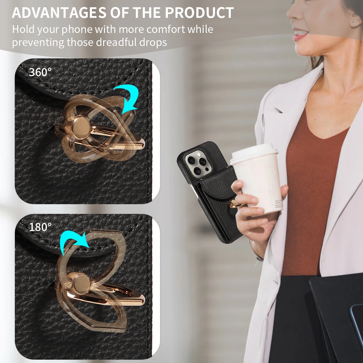 Color: black, Compatible-Phone Models: For iPhone 14 Plus, Bundle: Case & Strap, Material: Artificial Leather - High Quality Ring Stand Lychee Pattern Phone Case for IPhone16promax15 14 13 Crossbody with Lanyard PU Leather Anti-fall Cover