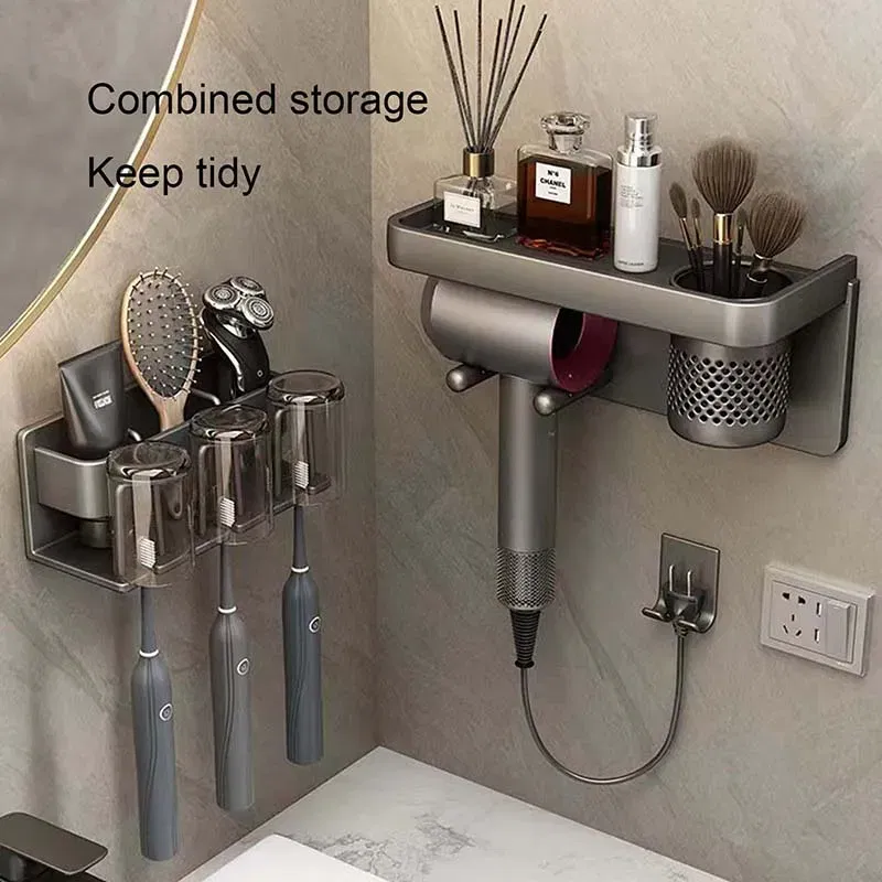 Color: light yellow - Toothbrush Holder Wall Mounted Toothpaste Dispenser Aluminium Electric Hair Brushes Storage Bathroom Accessories House Organizer