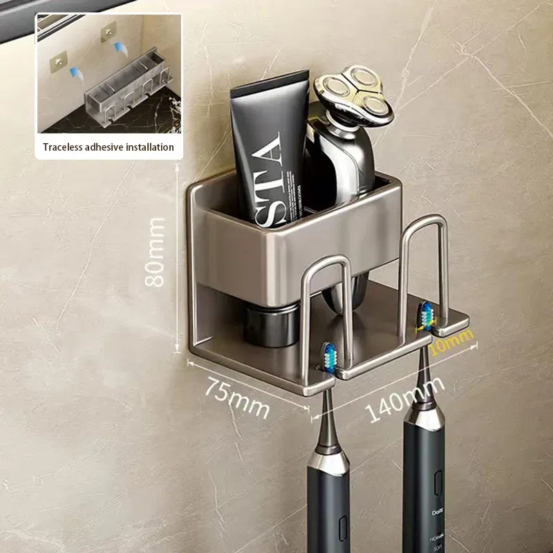 Color: light yellow - Toothbrush Holder Wall Mounted Toothpaste Dispenser Aluminium Electric Hair Brushes Storage Bathroom Accessories House Organizer