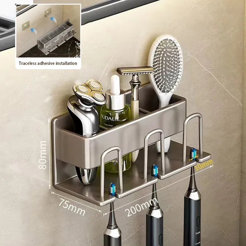 Color: light yellow - Toothbrush Holder Wall Mounted Toothpaste Dispenser Aluminium Electric Hair Brushes Storage Bathroom Accessories House Organizer