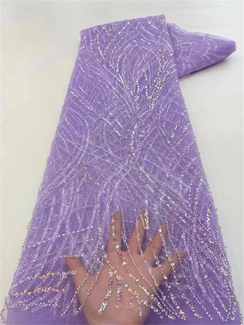 Color: pink, Length: 5 yards, Width: 120cm - Luxury African Sequins Beaded Lace Fabric 2025 High Quality Groom Nigerian Wedding Bridal Embroidery French Tulle Sewing