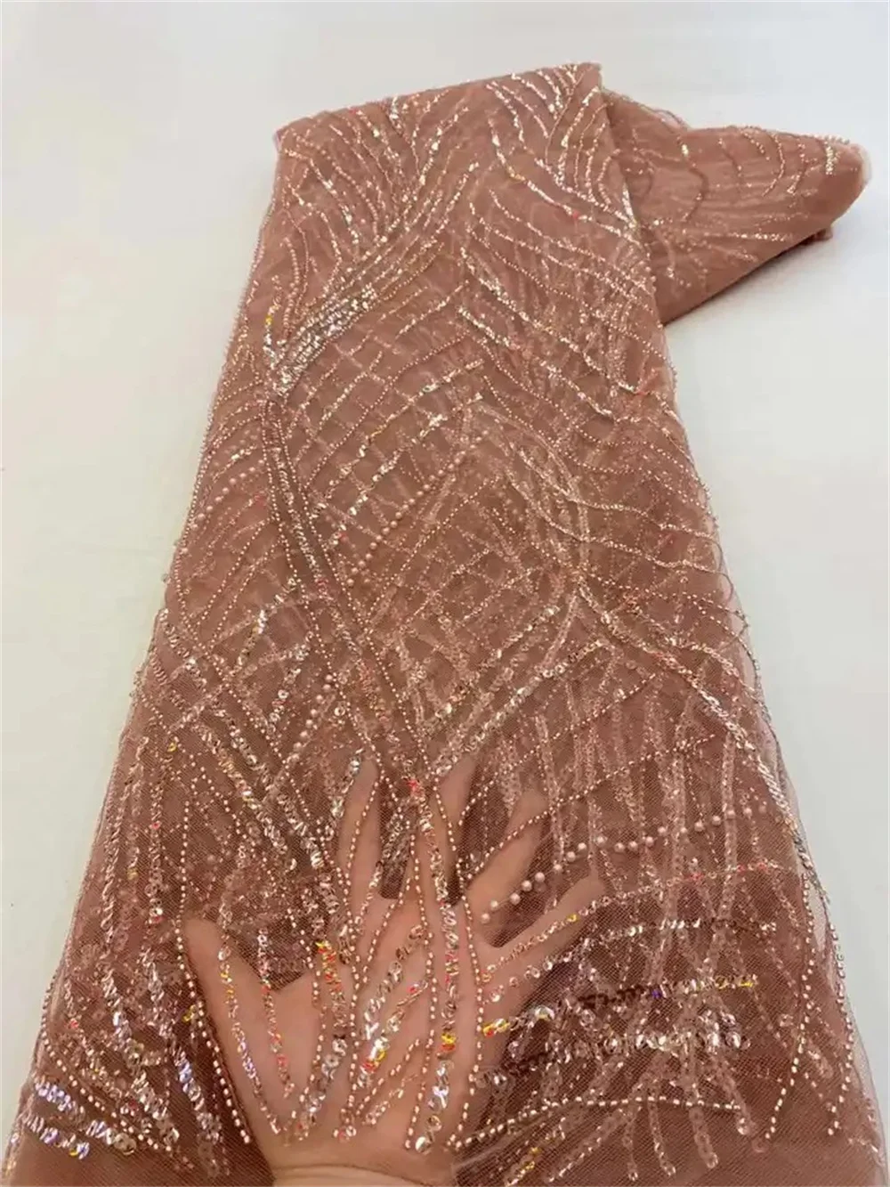 Color: pink, Length: 5 yards, Width: 120cm - Luxury African Sequins Beaded Lace Fabric 2025 High Quality Groom Nigerian Wedding Bridal Embroidery French Tulle Sewing