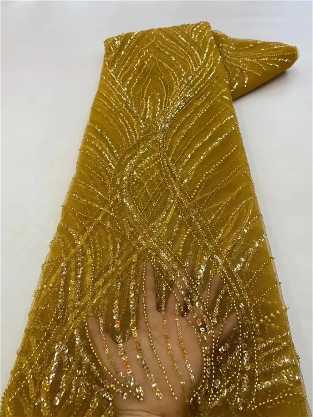 Color: pink, Length: 5 yards, Width: 120cm - Luxury African Sequins Beaded Lace Fabric 2025 High Quality Groom Nigerian Wedding Bridal Embroidery French Tulle Sewing