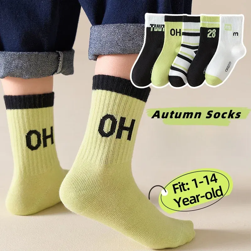 Color: SKY BLUE, Size: 10-12T - 1-14T Children's Socks Autumn Cotton Socks 5 pairs/bag Kids Spoty Socks Boys Baby Mid Calf Socks
