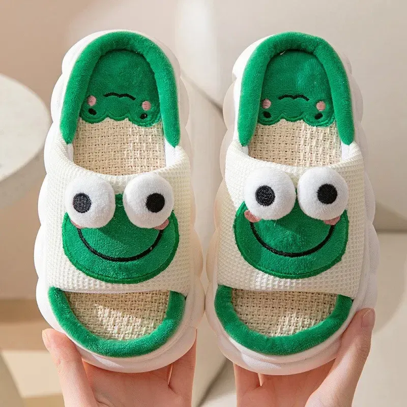 Color: light green, Shoe Size: 36-37 - Women Cartoon Frog Slippers Winter Warm Indoor Home Slides Linen Thick Sole Couple Slipper Bedroom Anti Slip Shoes Sandals