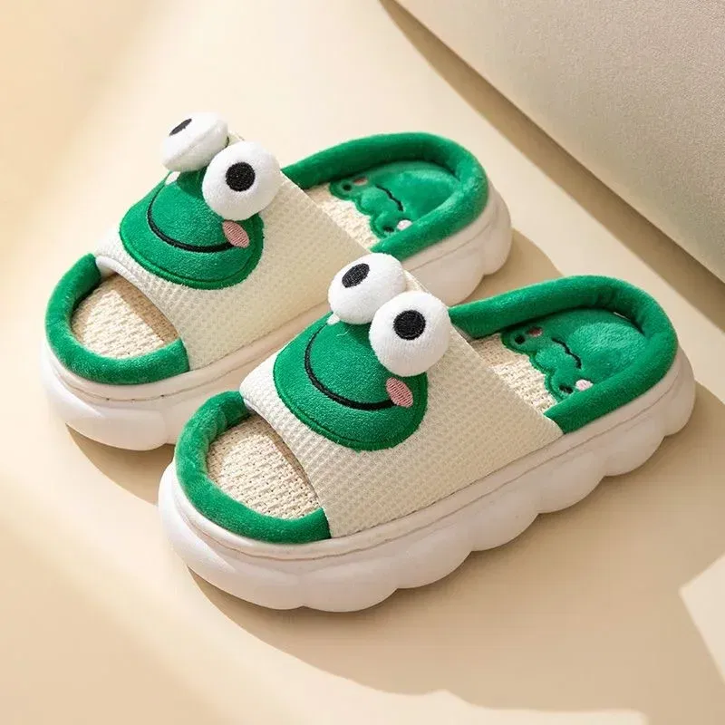 Color: light green, Shoe Size: 36-37 - Women Cartoon Frog Slippers Winter Warm Indoor Home Slides Linen Thick Sole Couple Slipper Bedroom Anti Slip Shoes Sandals