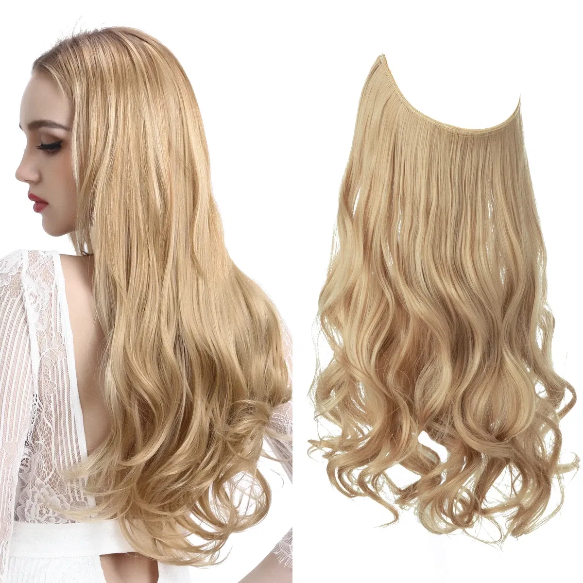 Color: T1/35, Stretched Length: 18inches - Synthetic No Clip Wave Hair Extensions Ombre Natural Black Blonde Pink One Piece False Hairpiece Fish Line Fake Hair Piece