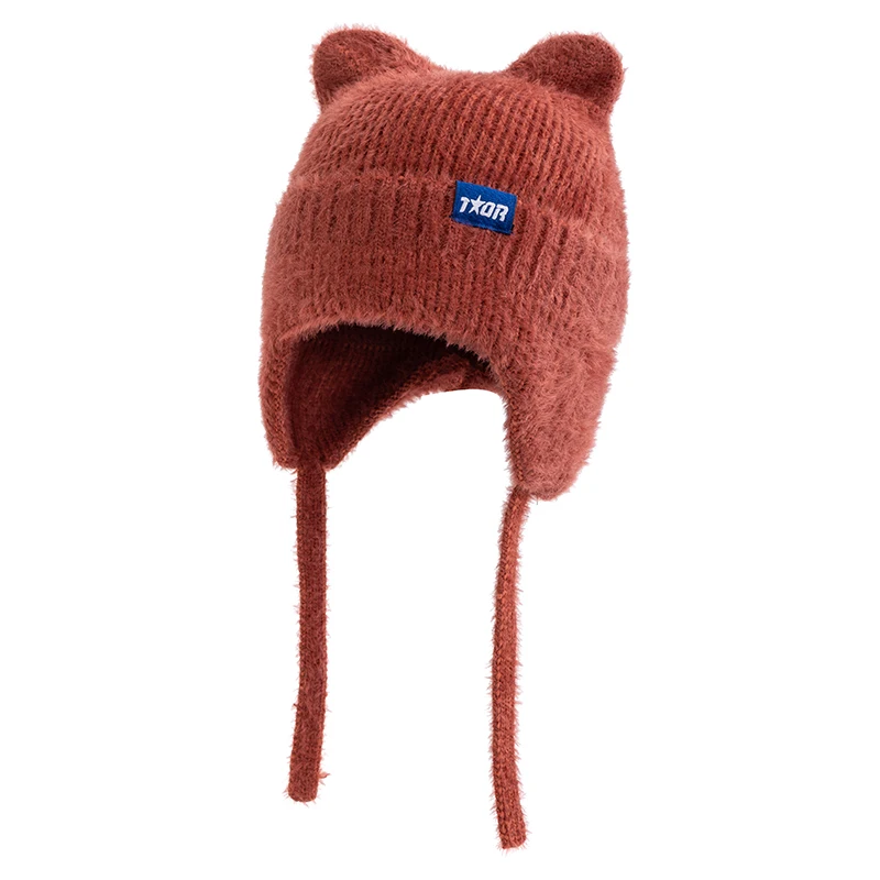 Color: green, Size: One Size - New Women Cute Cat Ear Earflap Winter Hat Fashion Windproof Knitted Hat Kpop Style Soft Beanie Hats Candy Colors Streetwear Cap