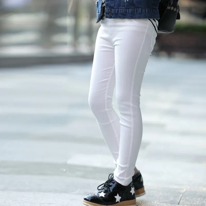 Color: Beige, Kid Size: 6 - 3-12-year-old girls pencil pants elastic baby Leggings 2024 new slim fit children's Leggings solid color imitation jeans