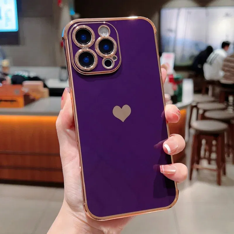 Color: Beige, Compatible-Phone Models: For iPhone 14 Plus, Ships From: CN - Electroplating Side Love Heart Phone Case For IPhone 16 15 14 13 12 11 Pro Max XR 8 Plus SE2/SE3 Shockproof Back Cover