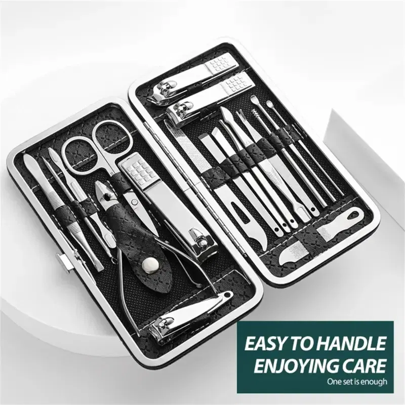 Color: black - Home Nail Clipper Set of 19 Pieces Large Size Dead Skin Pliers Diagonal to Remove Dead Skin Small Eyebrow Clipper Leather Sleeve