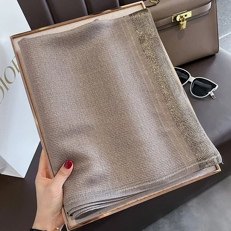 Color: GRAY, Size: One Size - 2023 New Women Scarf Winter Warm Solid Silk Wool Shawls Lady Wraps Bufanda Floral Pashmina Luxury Embroidery Warn Scarves