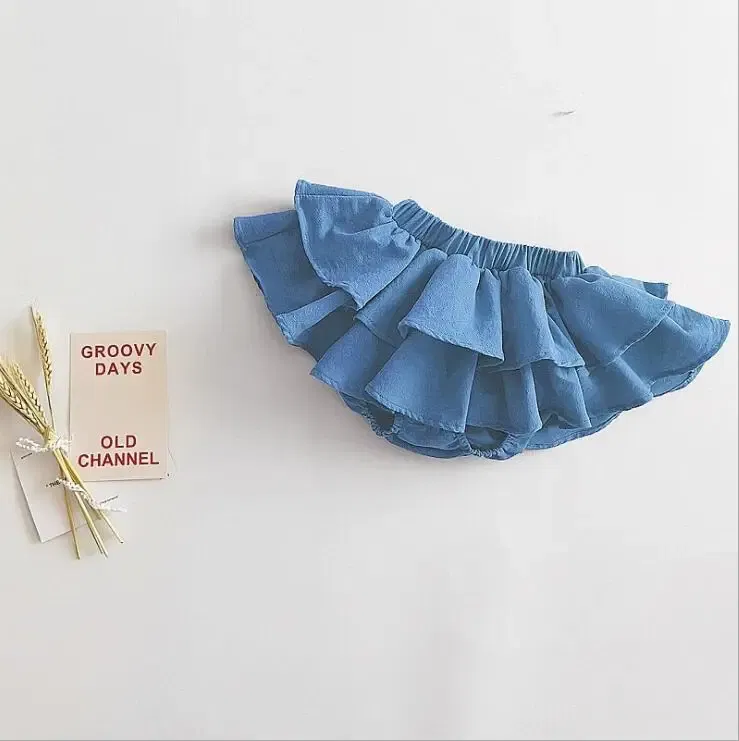 Color: Blue, Kid Size: 12M - Double Layers Ruffles Lace Baby Skirt Pants Summer Cotton Linen Kids Pettiskirt Toddler Dancing Wedding Clothing Tutu Skirt