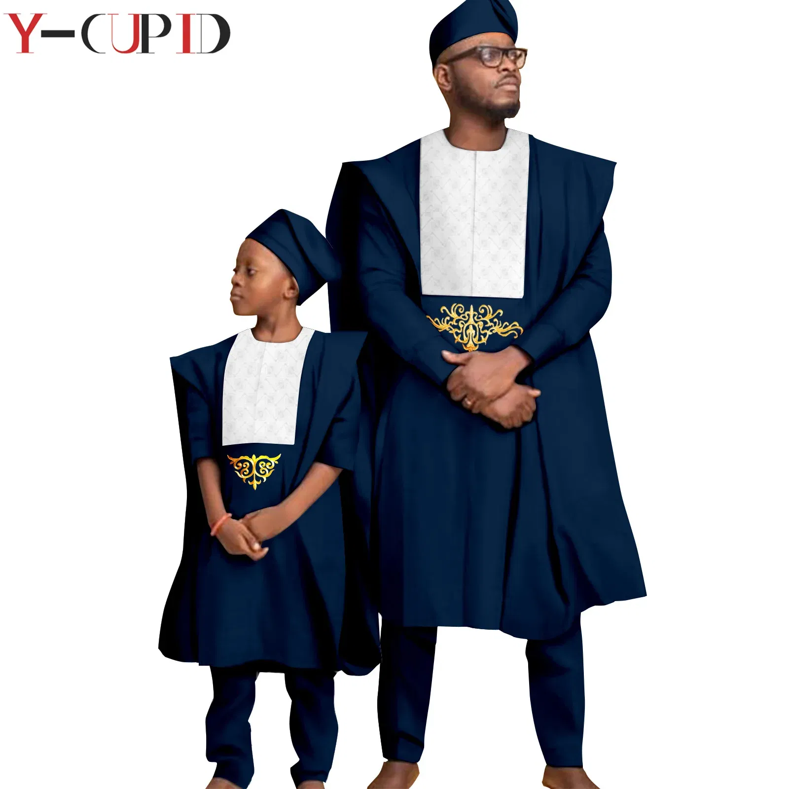 Color: MULTI, Size: XL - African Clothes for Men Top Pants Robes Hat Sets Match Kid Boy Sets Dashiki Father and Son Bazin Riche Family Outfits Y20F001