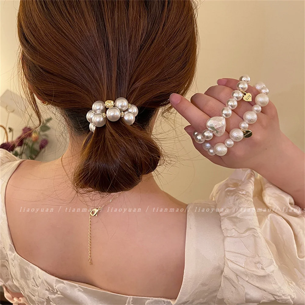 Color: GRAY - Exquisite Pearl Beaded Hair Ties Bracelet Sweet Ponytail Braid Hair Rope for Women Girl Fashion Headwear Hair Accessories Gift
