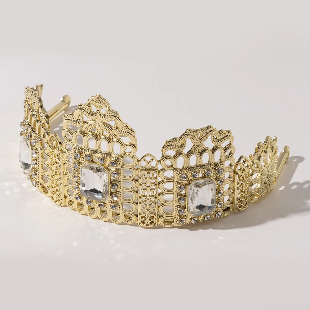 Metal color: Antique Gold Plated - LUIZADA European Princess Queen Round Headdress Moroccan Bride Crystal Crown King Bride Headdress Wedding Hair Accessories