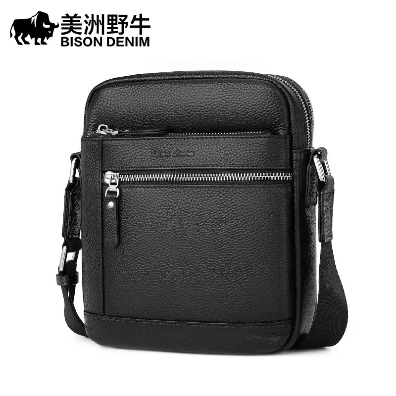 Color: black - BISON DENIM Classic Black Male Bag Genuine Leather Business Crossbody Bag iPad Mens Messenger Bag Casual Bolsas Male N2845 2023