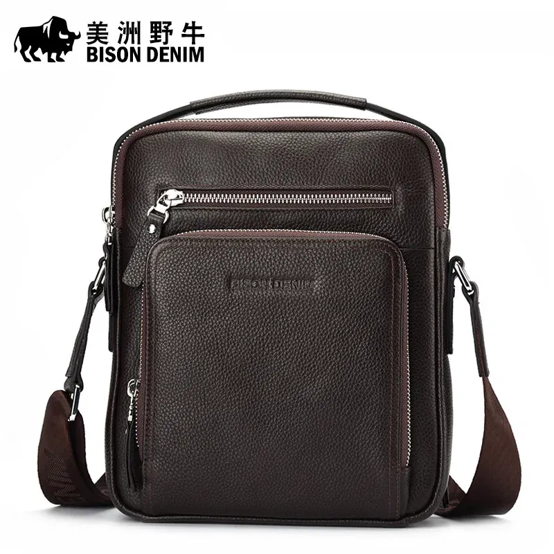 Color: black - BISON DENIM Classic Black Male Bag Genuine Leather Business Crossbody Bag iPad Mens Messenger Bag Casual Bolsas Male N2845 2023