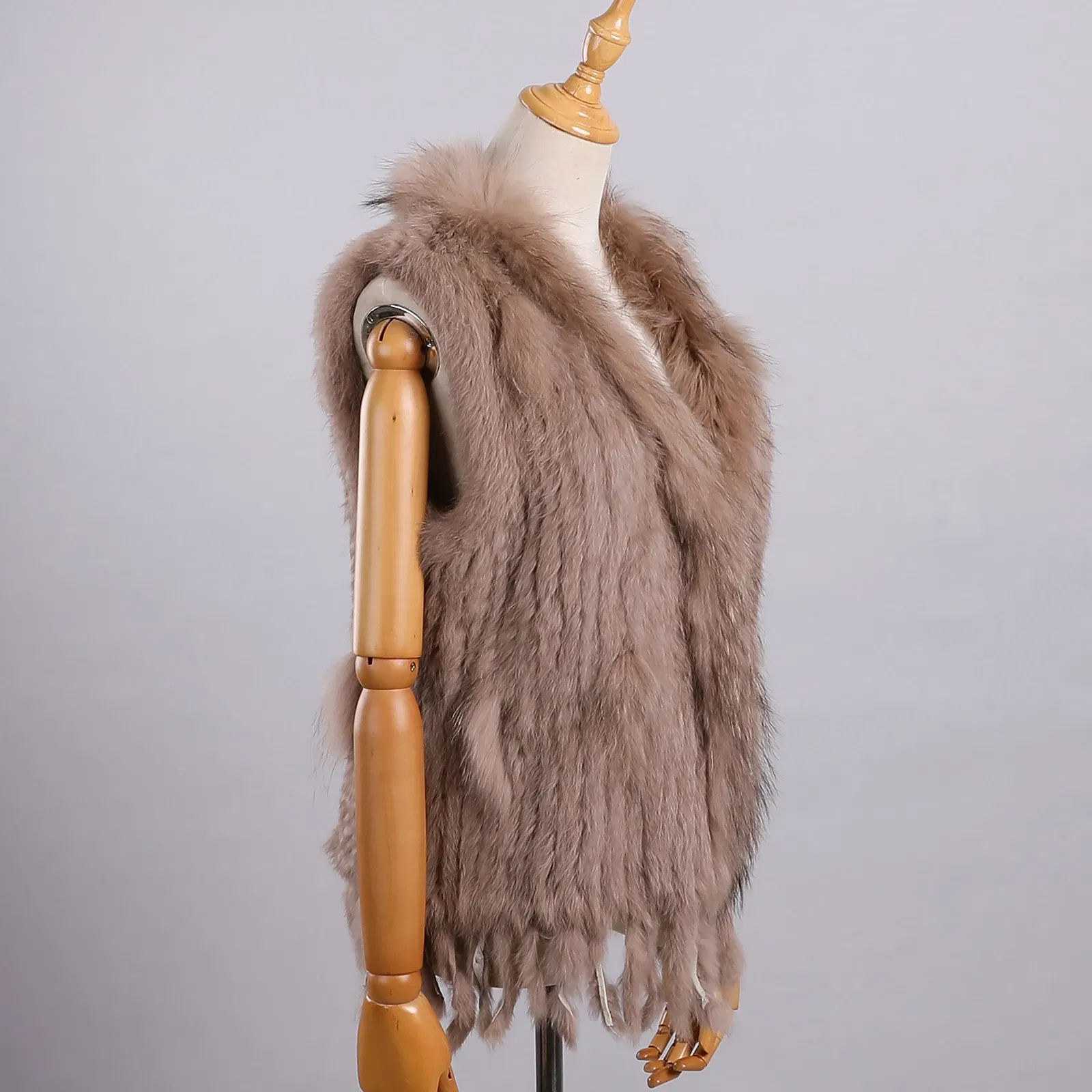 Color: Champagne, Size: S - Luxury Women's Genuine Premium Long Hair Rabbit Fur Knit Vest Raccoon Fur Trim Gilet Lady Sleeveless Waistcoat Real Fur Jacket
