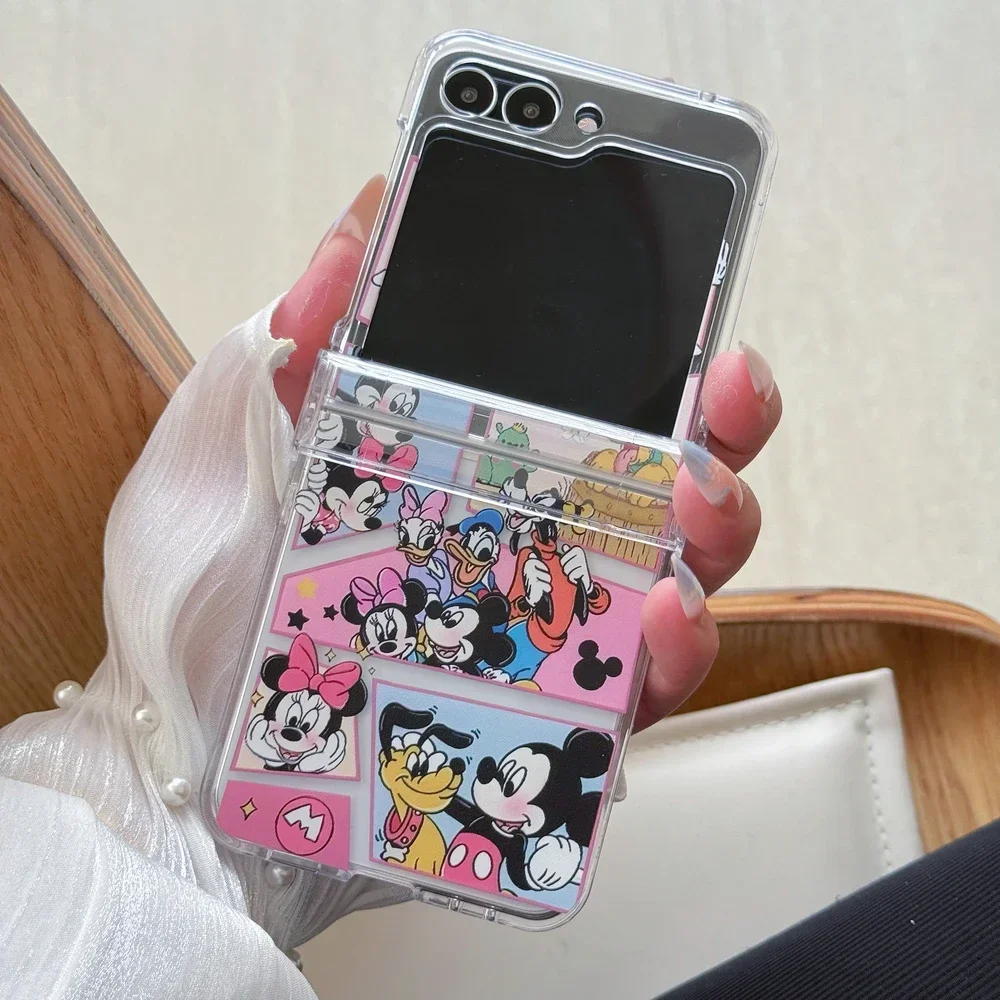Material: ABS, Color: Brown - Cute Cartoon Disney Mickey Minnie Mouse Phone Case For Samsung Galaxy Z Flip 7 6 5 4 3 Stand Holder Case Hard Cover With Lanyard