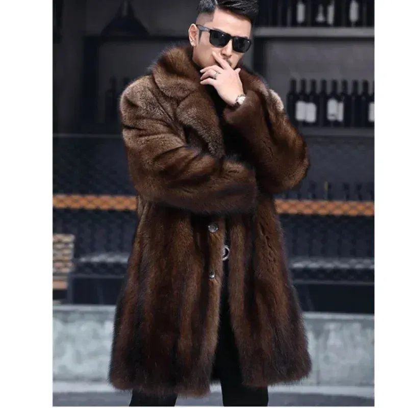 Color: Beige, Size: M - Parker Men's Imitation Fur Liner Winter Warm New Fur One-piece Coat Imitation Mink Fleece Mid-length Fur Coat