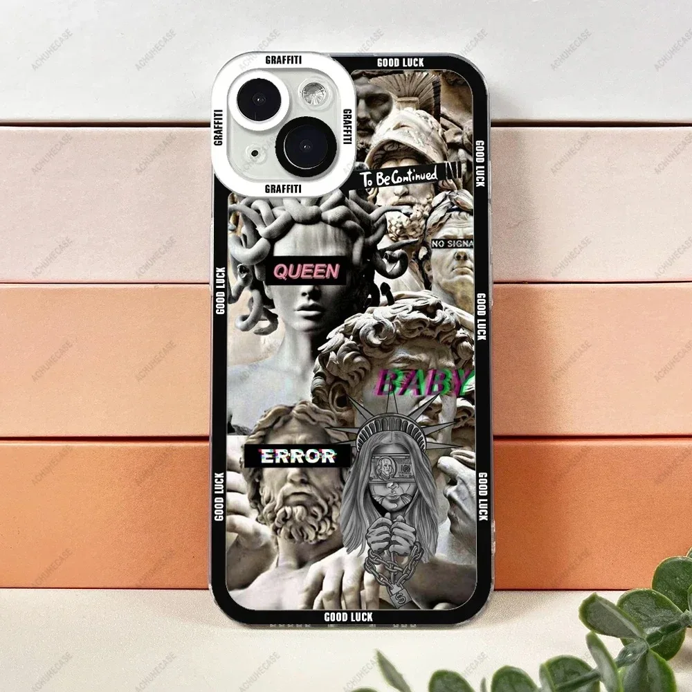 Color: black, Material: Neoprene - Aesthetic Statue Art Phone Case For iPhone 16 15 14 13 12 11 Pro Max XS X XR Plus Mini Luxury Transparent Soft Funda