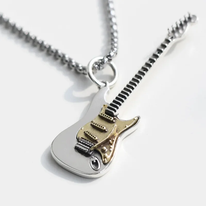 Metal Color: RED-BROWN - Retro Punk Music Guitar Necklace for Men Personalized Gothic Pendant Fashion Hip Hop Rock Singer Jewelry Gift