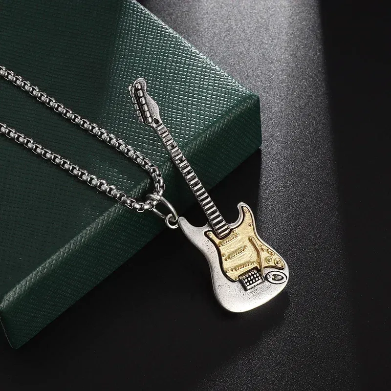 Metal Color: RED-BROWN - Retro Punk Music Guitar Necklace for Men Personalized Gothic Pendant Fashion Hip Hop Rock Singer Jewelry Gift