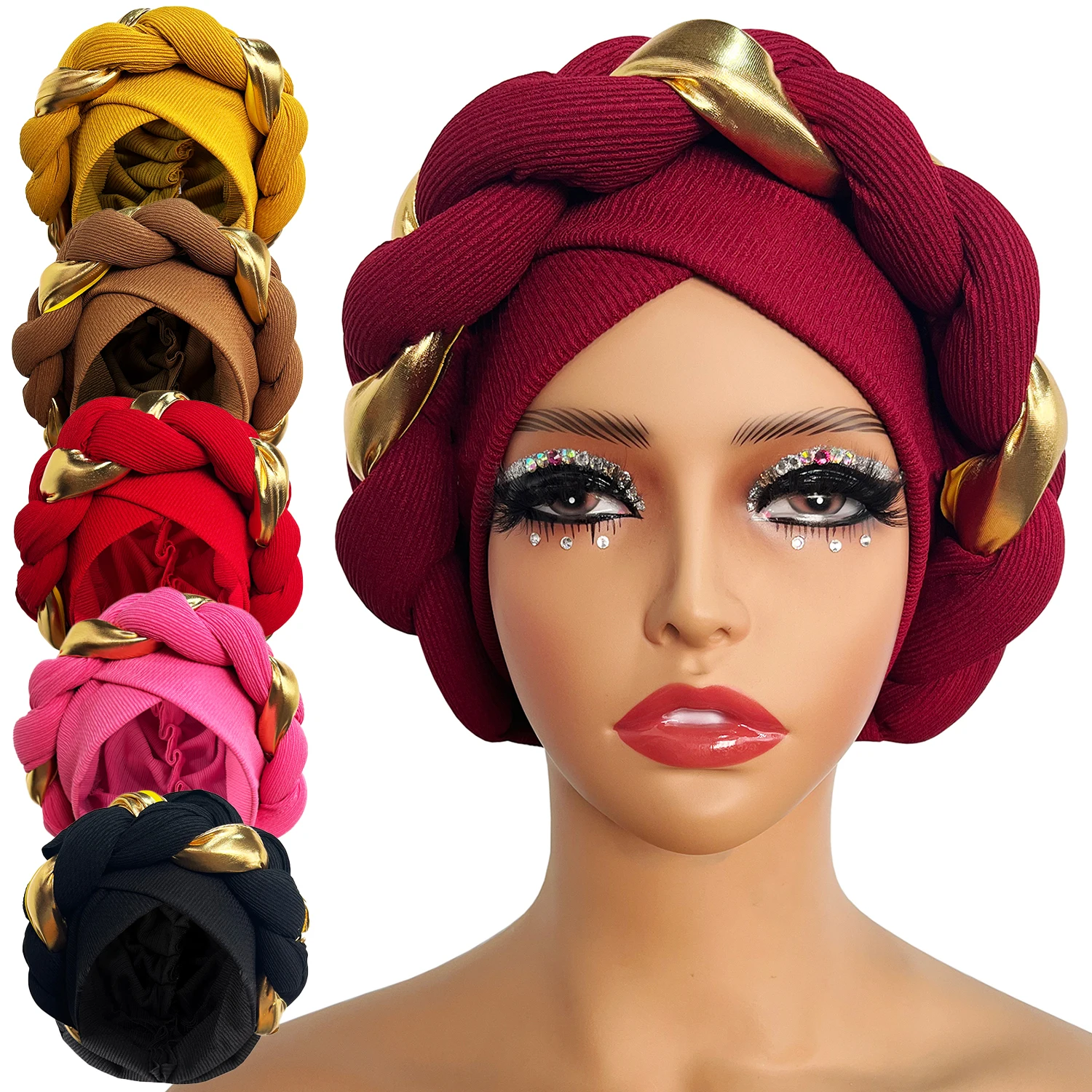 Color: Khaki Light, Ships From: CHINA - African Turban Cap Headdress Women's Pleated Hat Hair Accessories Arab Wrapped Muslim Hijab