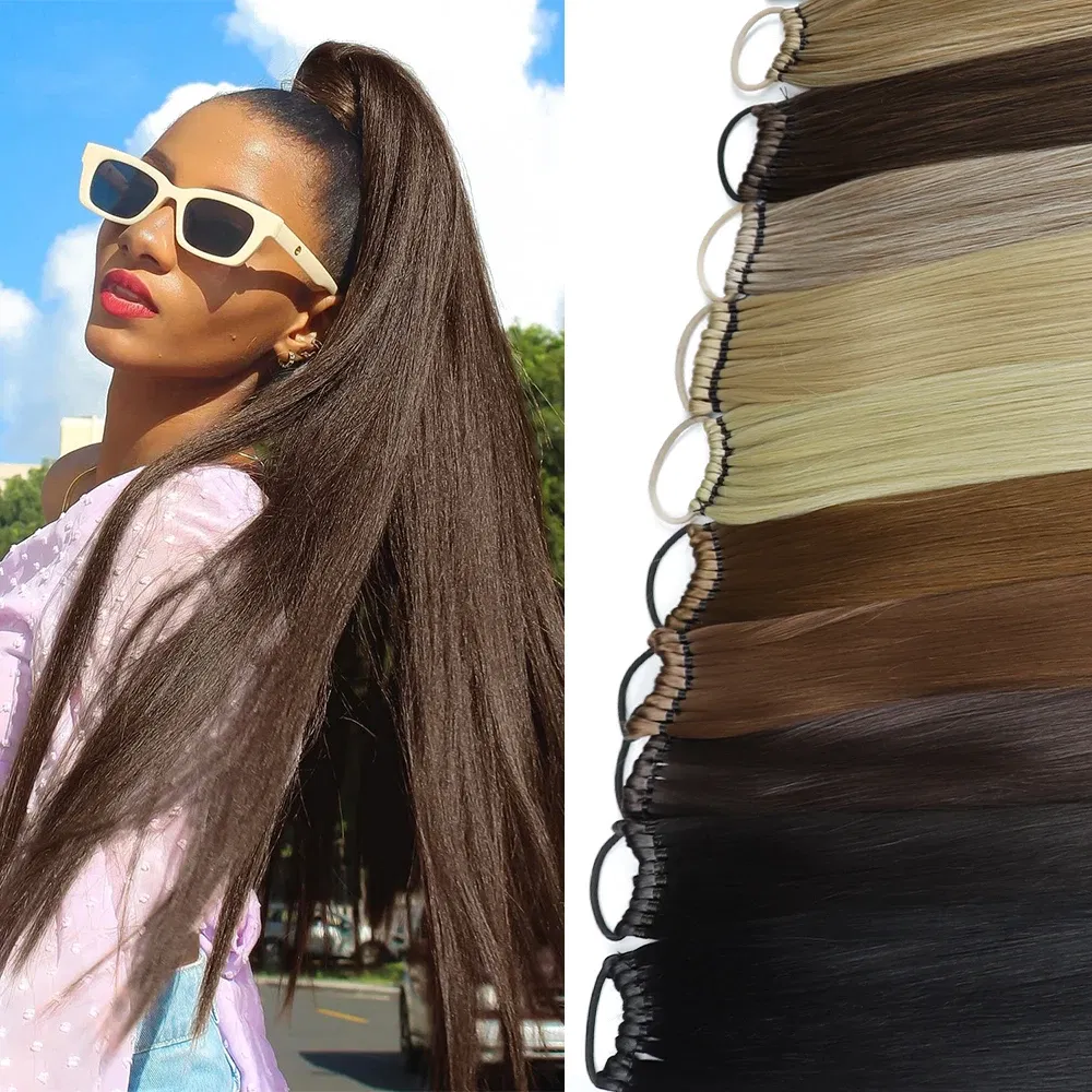 Color: 4/27HL, Ships From: CHINA, Stretched Length: 24inches - 24 Inch Synthetic Ponytail Extensions Black Natural Braided Pony Tail Hairpiece Long Straight Rubber Band Hair For Women