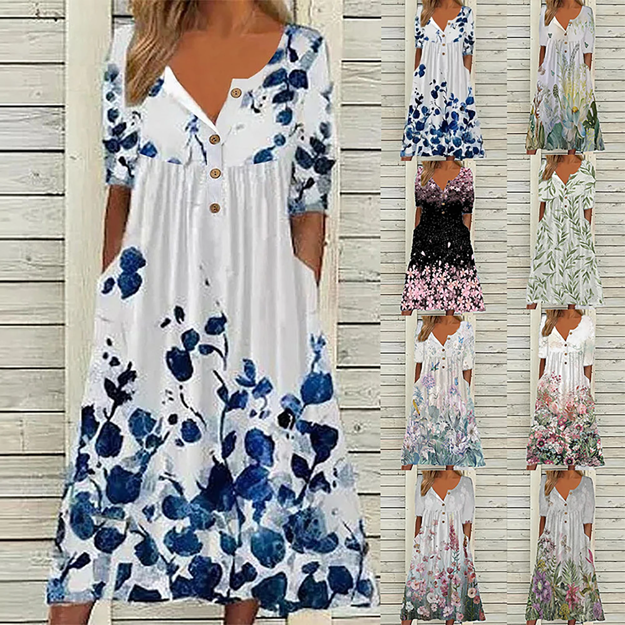 Color: Beige, Size: 2XL - 2024 Europe and the United States spring new fashion printed V-neck button short sleeve plus size women's size women's pocket