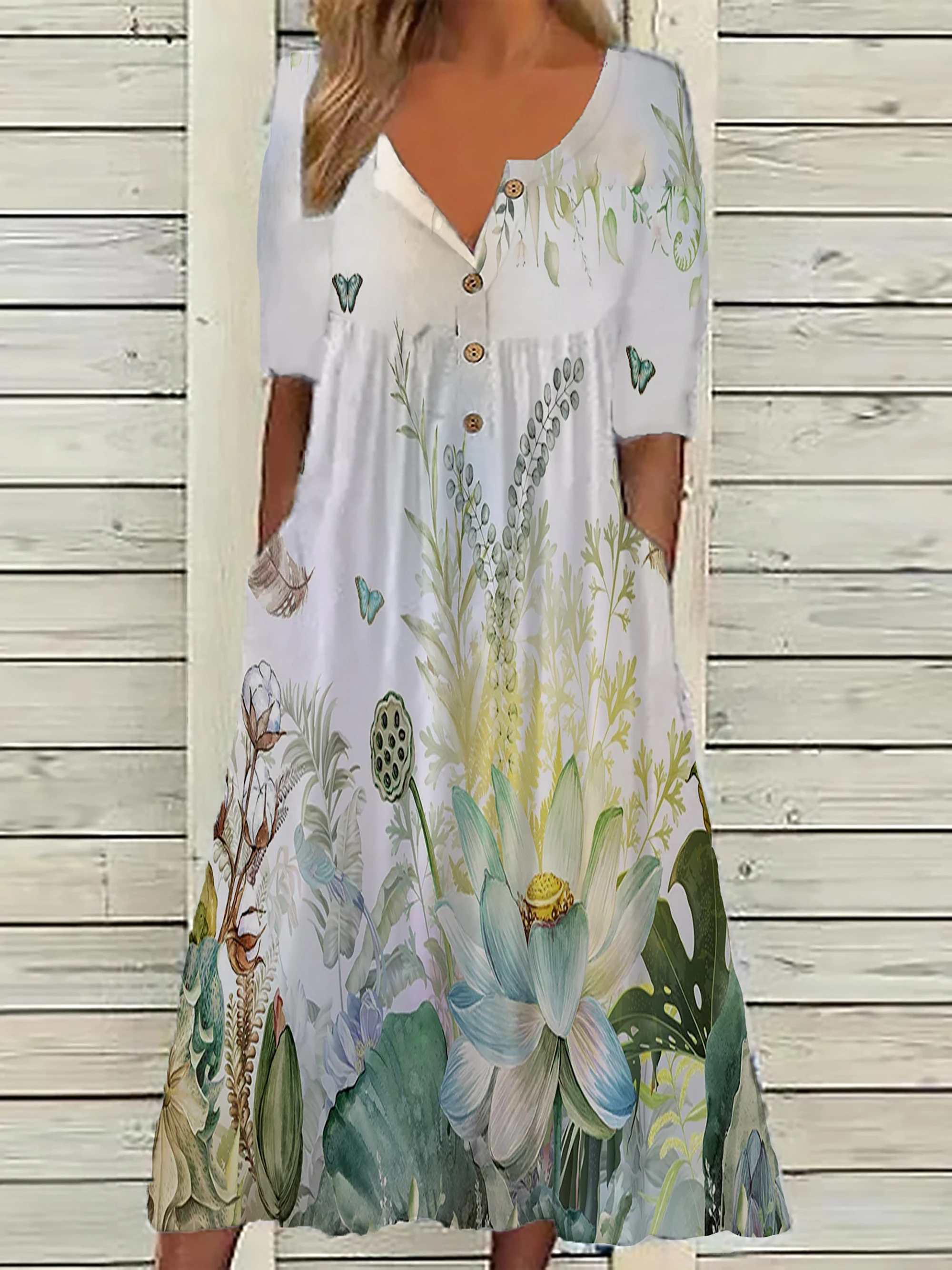 Color: Beige, Size: 2XL - 2024 Europe and the United States spring new fashion printed V-neck button short sleeve plus size women's size women's pocket