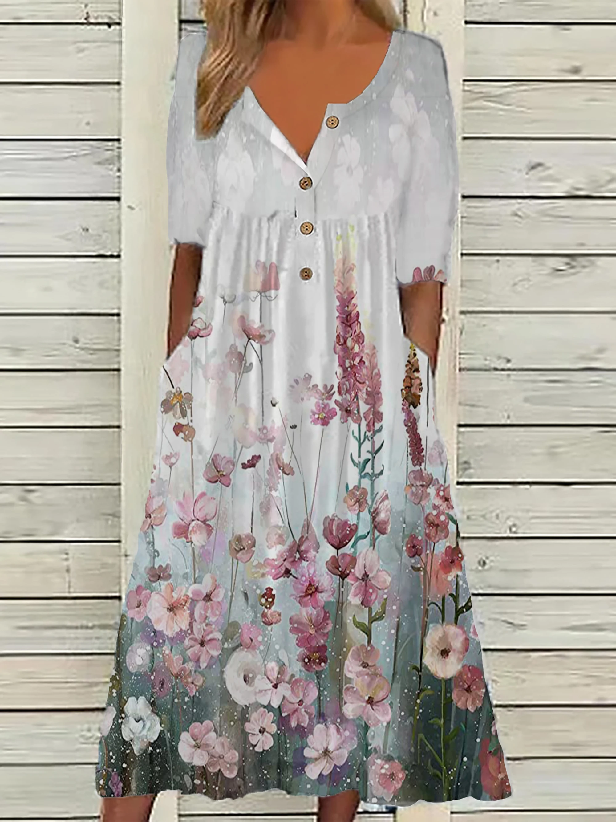 Color: Beige, Size: 2XL - 2024 Europe and the United States spring new fashion printed V-neck button short sleeve plus size women's size women's pocket