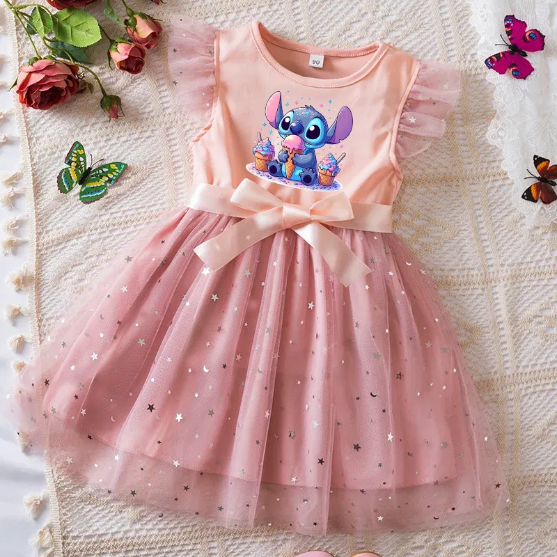 Color: black, Kid Size: 9 - Lilo Stitch Girls Sequin Tutu Dress with Bow Flutter Sleeves Summer Princess Party Outfit for Toddler Kids 2-6 Years