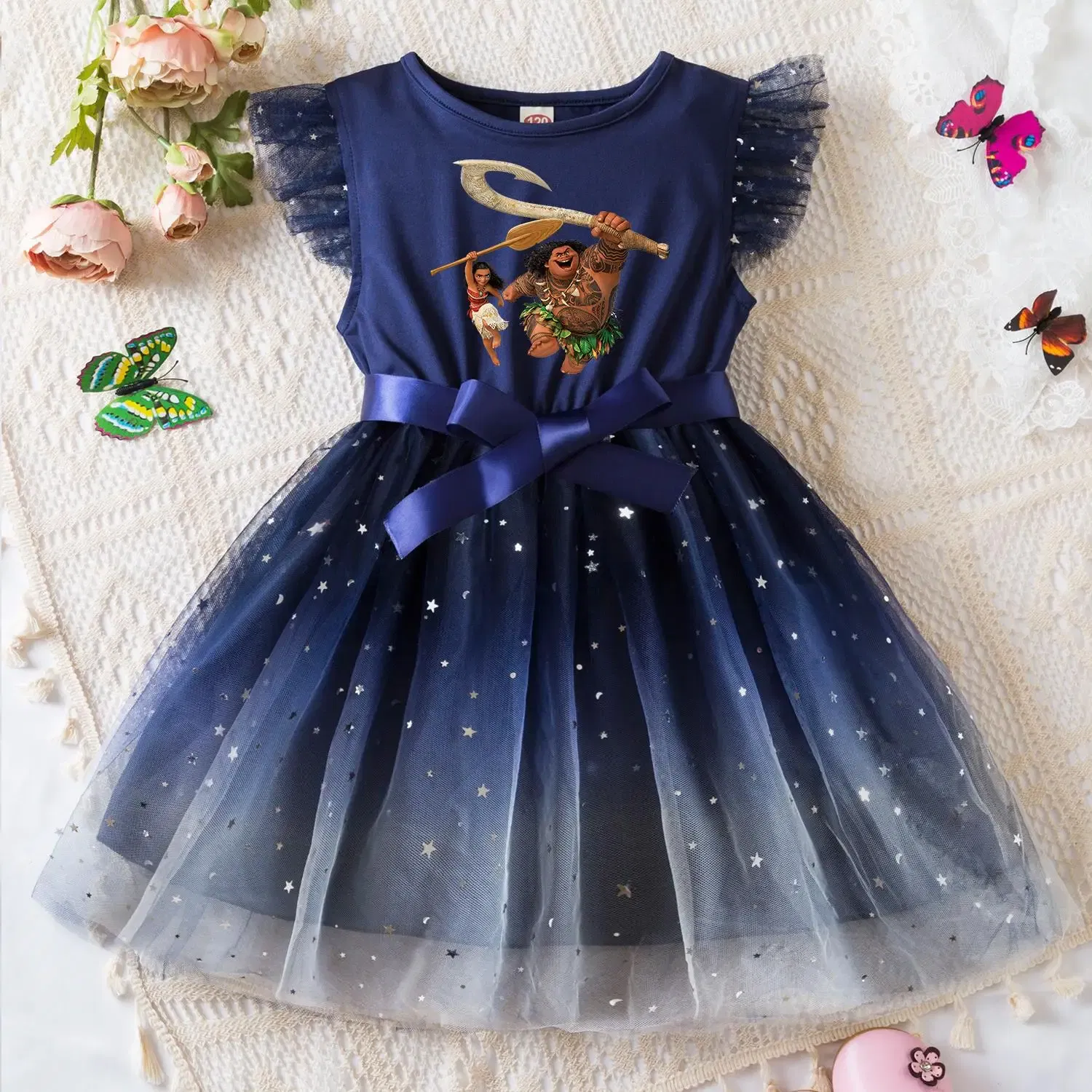 Color: Blue, Size: L - Moana Summer Toddler Girl Dress Princess Star Baby Girls Clothes Tulle Tutu Dress for Children Party Dress 2-6Y