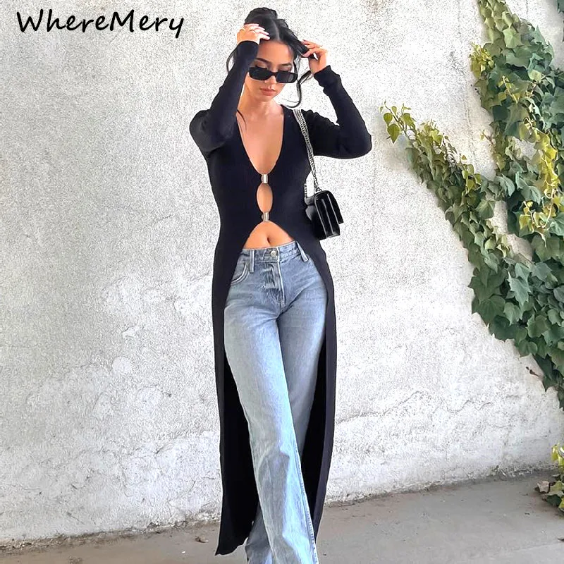 Color: black, Size: L - WhereMery Sexy Hollow Out Long Sleeve Maxi T Shirt Women V Neck Low Cut Metal Button Black Top Streetwear Cusual Lady Tops Tees