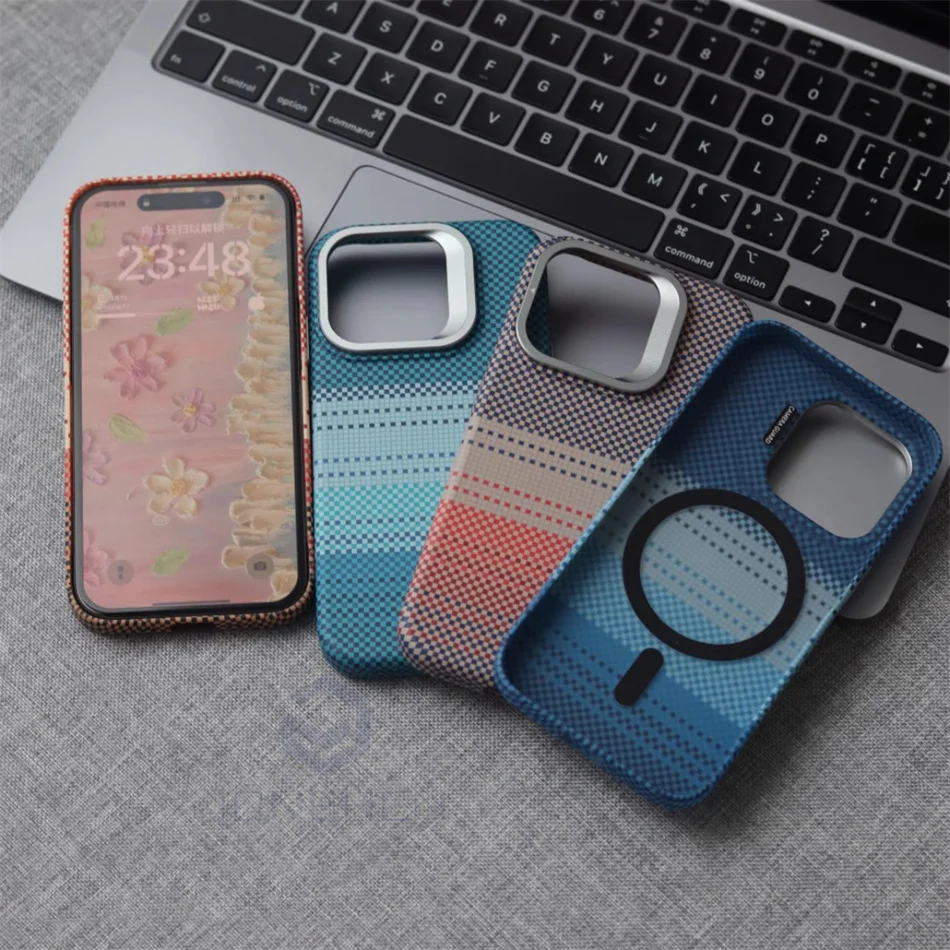 Color: GRAY, Material: Microfiber - Luxury Magnetic Stand Metal Lens Relief Carbon Fibre Pattern For Magsafe Case For iPhone 15 14 13 Pro Max Shockproof Back Cover