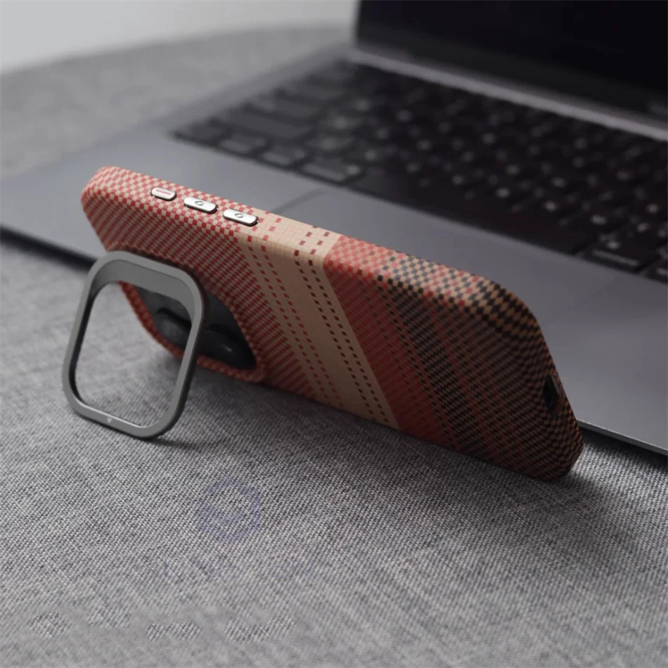 Color: GRAY, Material: Microfiber - Luxury Magnetic Stand Metal Lens Relief Carbon Fibre Pattern For Magsafe Case For iPhone 15 14 13 Pro Max Shockproof Back Cover
