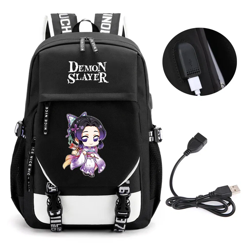 Color: light yellow - Anime Demon Slayer Kamado Nezuko Backpack School Book Bags Mochila Travel USB Port Bag Laptop Boy Girls Gift