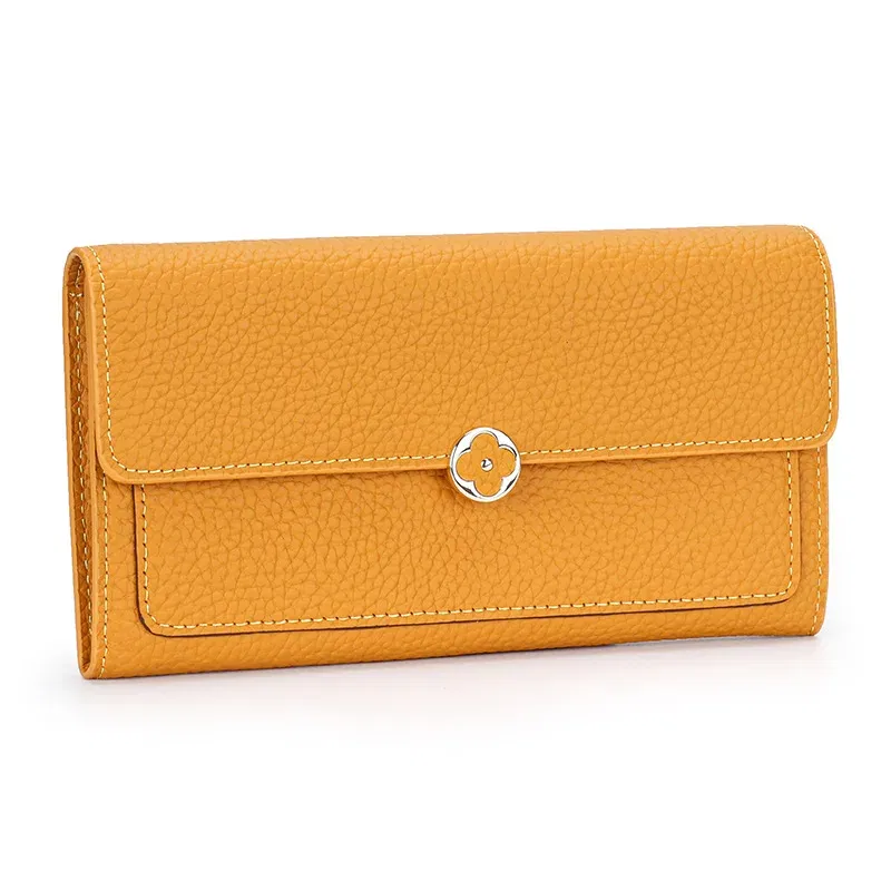 Color: Yellow - Women's Wallet 2025 New Full Leather Long Wallet Cross-border First Layer Cowhide Women's Long Clip Leather Clutch Pouch
