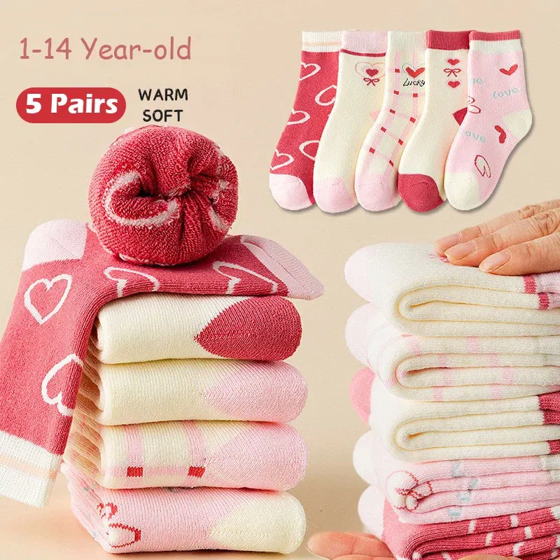 Color: Blue, Size: 7-9T - Girls' Winter Socks 5 Pairs Baby Warm Winter Socks Cute Cartoon Duck Pattern Medium Sock Thick Cotton Socks