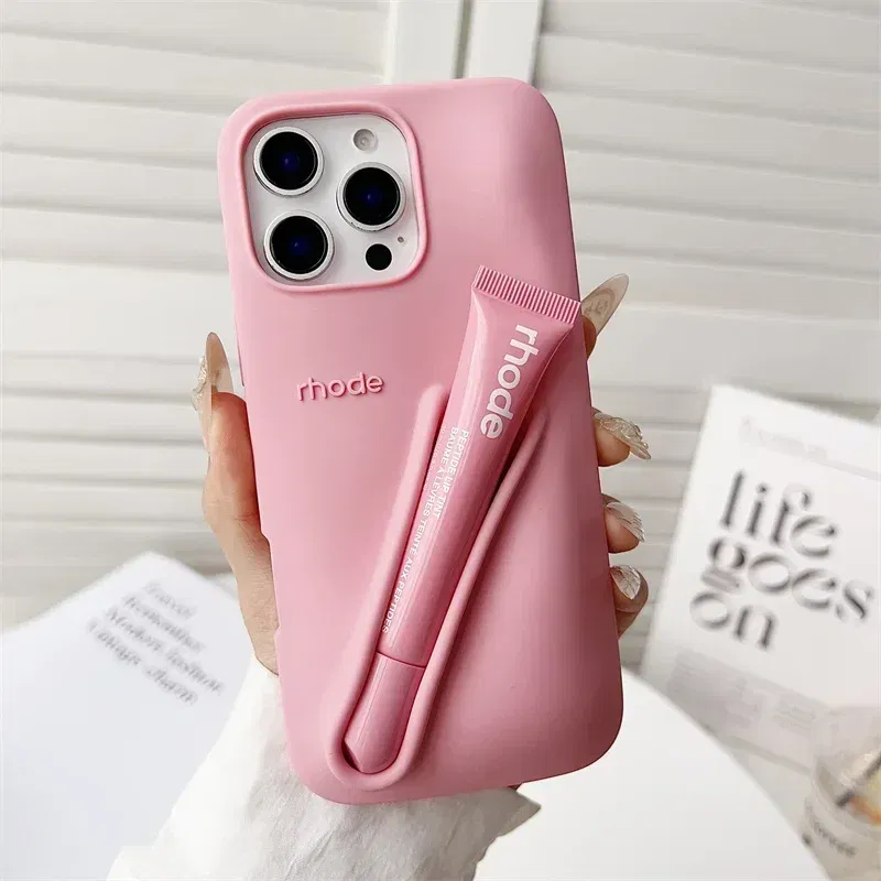 Color: Dark Grey, Bundle: Bundle1, Material: PE - Phone Case For iPhone 12 13 14 15 16 Pro Max Plus 17 Air Portable Lip Gloss Holder Lipstick Silicone Soft Bumper Cover Lip Glaze