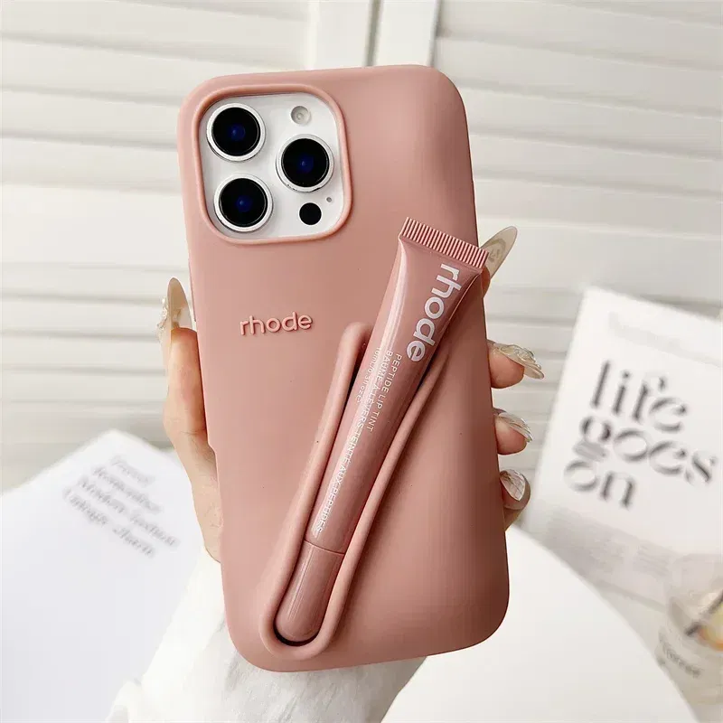Color: Dark Grey, Bundle: Bundle1, Material: PE - Phone Case For iPhone 12 13 14 15 16 Pro Max Plus 17 Air Portable Lip Gloss Holder Lipstick Silicone Soft Bumper Cover Lip Glaze