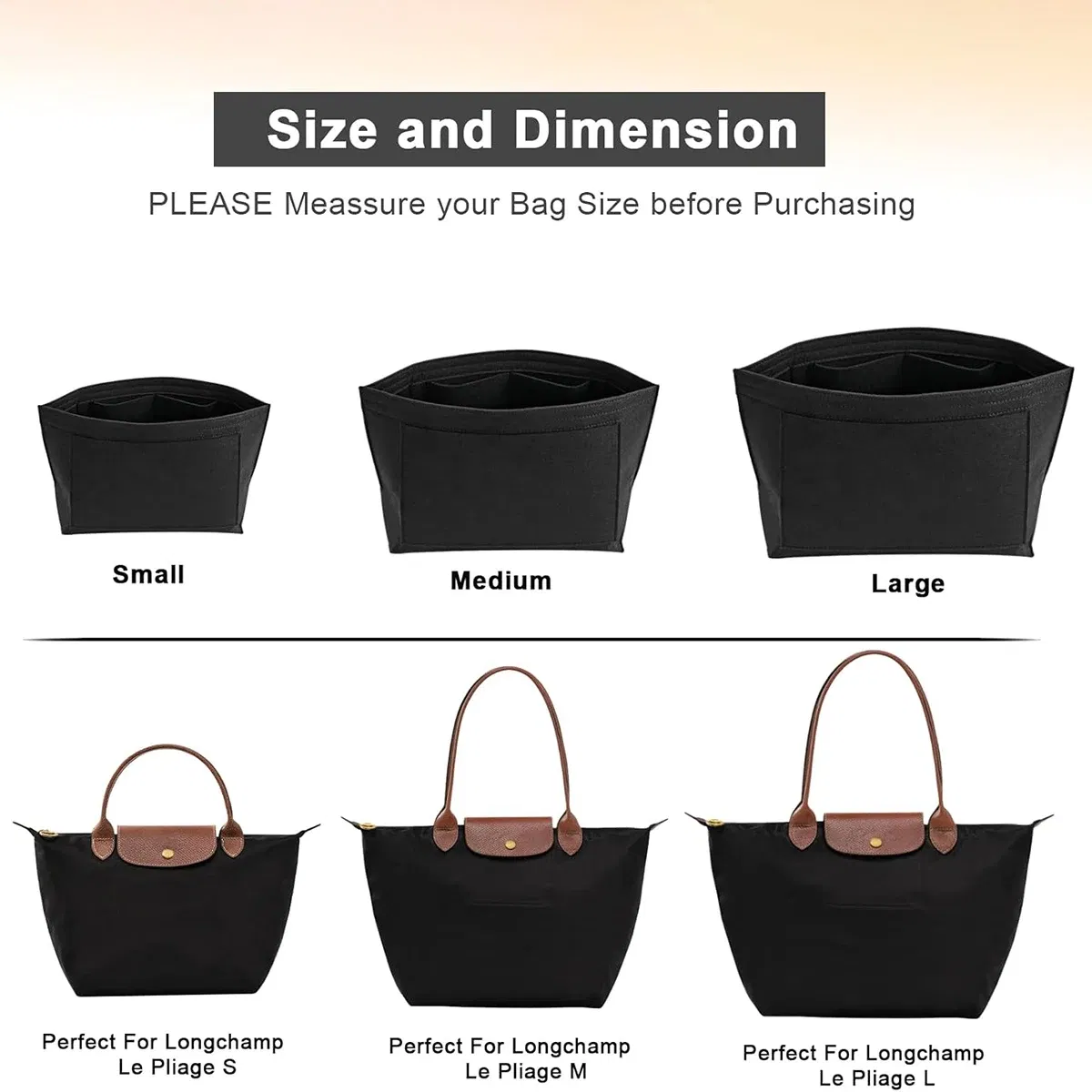 Color: Bronze - Felt Purse Organizer Insert for Longchamp Le Pliage S/ML Handbag Insert
