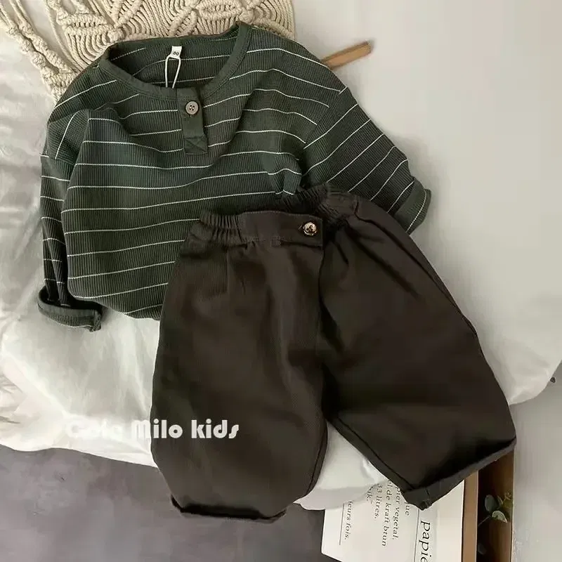 Color: green, Kid Size: 6 - Korean Children's Striped T-shirt 2024 Spring Boys and Girls' Long Sleeve T-shirt Bottom Shirt Baby Loose Top