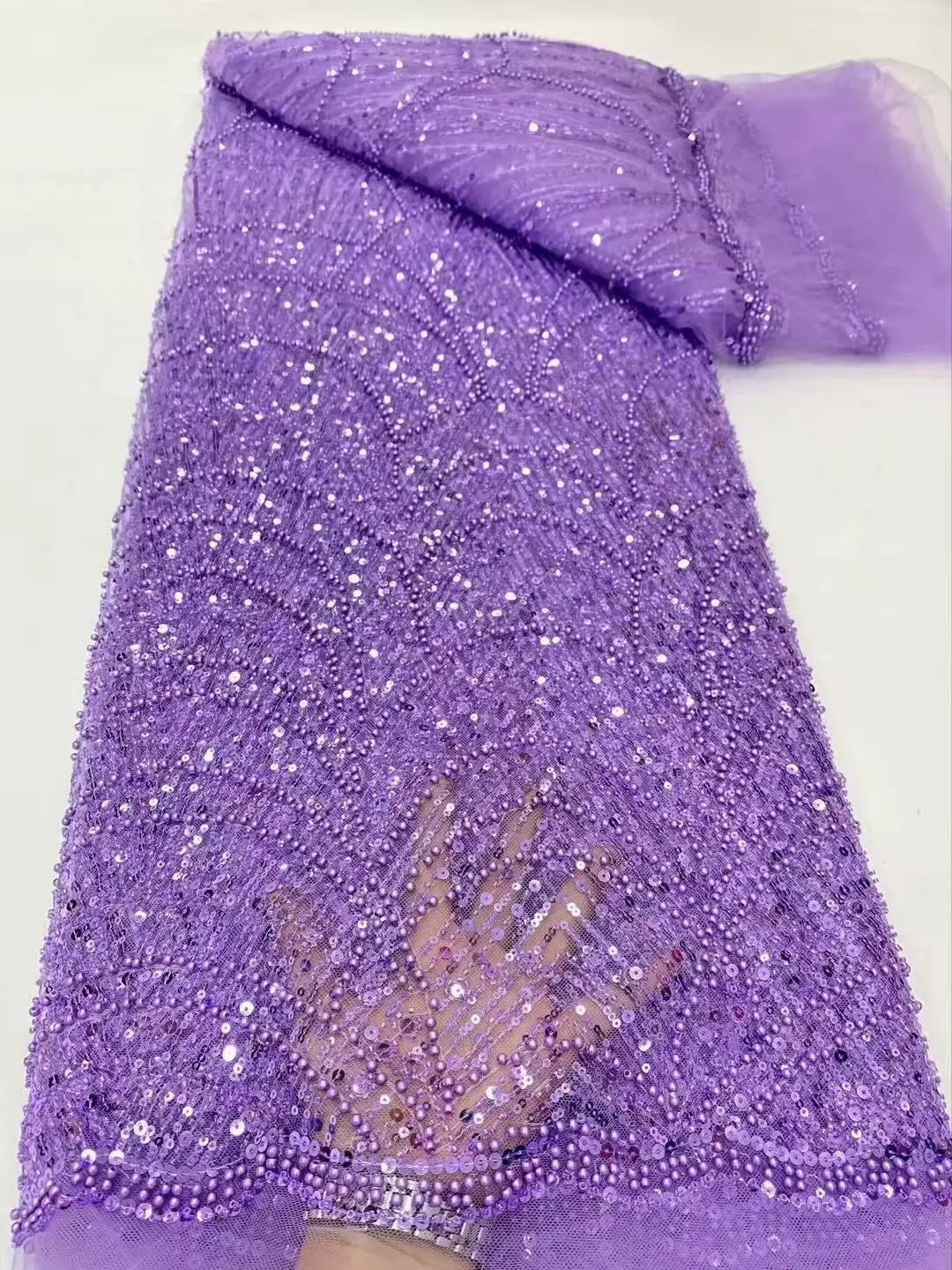 Color: SKY BLUE, Width: 120cm, Length: 5 yards - Luxury Sky Blue French Tulle Lace Fabric with Sequins Beads for Bridal Dress Nigerian Groom High Quality African Wedding Gown Ma